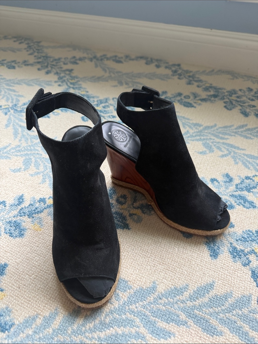 Tory Burch Black Suede Raya Wedge Sandals - Size 8